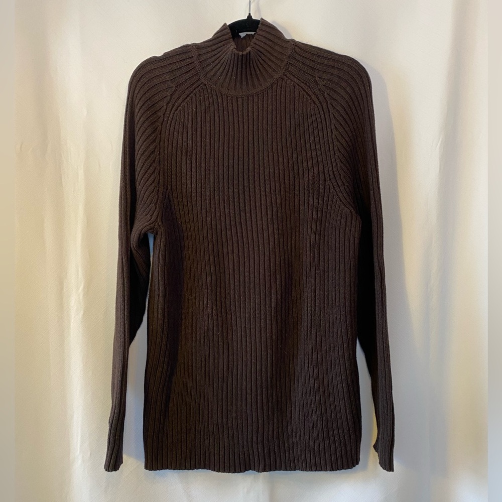Men's Dark Chocolate Brown Rib Knit Funnel neck Sweater LG 100% Cotton